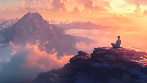Meditating figure overlooks glowing mountain sunrise horizon.