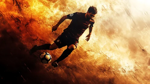 Fiery soccer sprint through swirling golden stadium light.