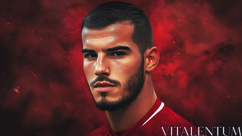 Digital portrait of focused male athlete in red kit.