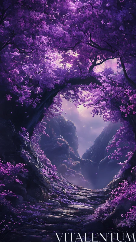 Luminous violet forest canyon frames a stone path to misty valley