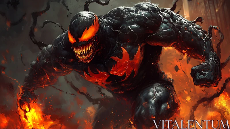 Molten symbiote titan strides through inferno with cracked lava skin