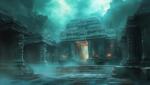 Emerald fog over the forgotten temple gate of echoes.