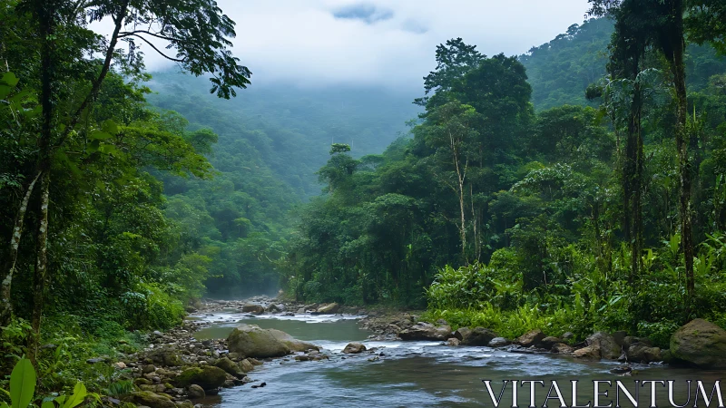 Mist-draped jungle river winding through emerald silence.