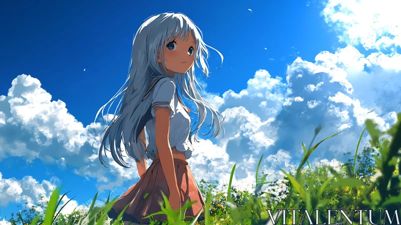 Anime girl gazes at towering summer clouds in open field