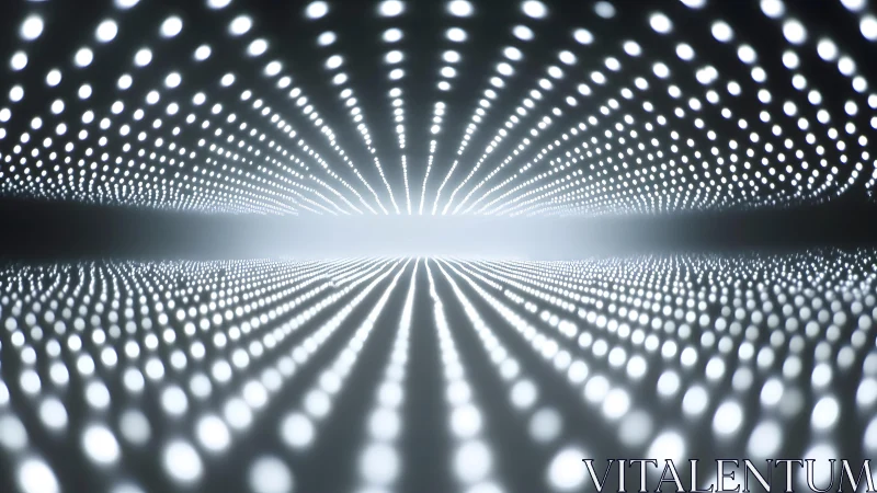 Futuristic tunnel of glowing white LED lights in abstract digital style.