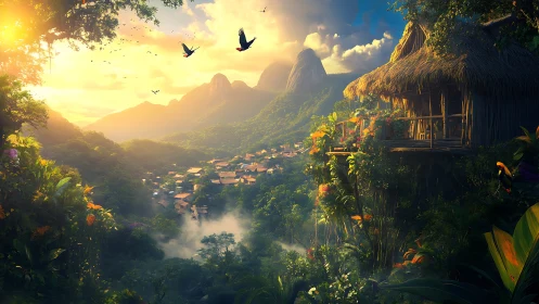 Sunlit jungle village with cliffside hut and soaring birds.
