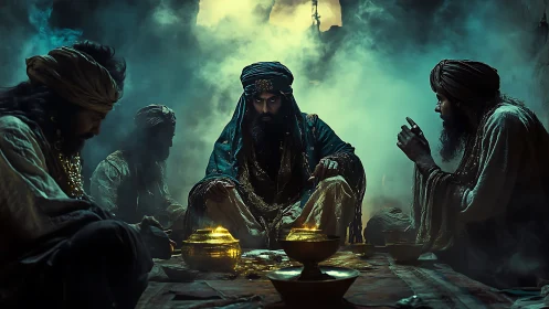 Turbaned men in dim interior with brass vessels and smoke.
