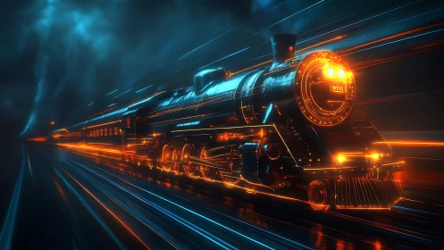 Neon night express racing through stormlit digital rails.