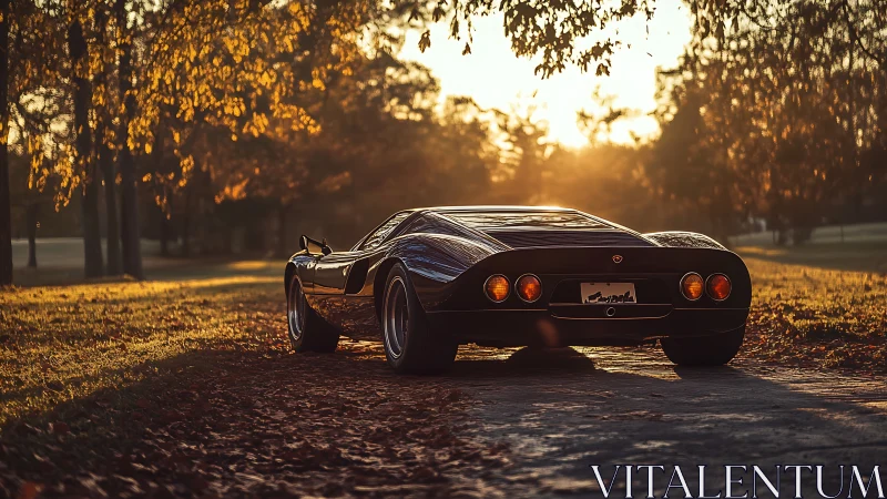 Photorealistic rear profile of classic supercar at sunset.