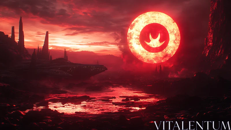 Crimson eclipse ignites an alien canyon of molten silence.