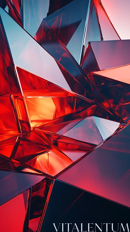 Prismatic red glass shards form angular abstract crystalline structure