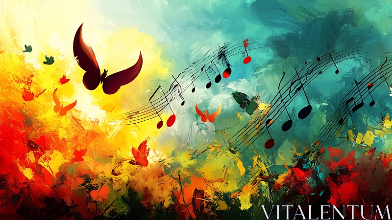 Synesthetic flight paths of musical notes and chromatic birds.