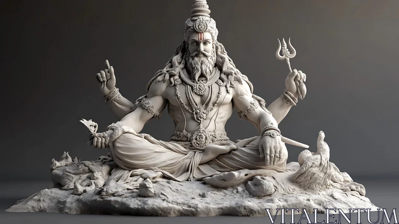 Sacred multi-armed deity statue in meditative stone pose.