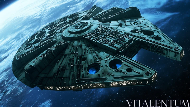 Iconic disc-shaped starship glides in cold blue orbit