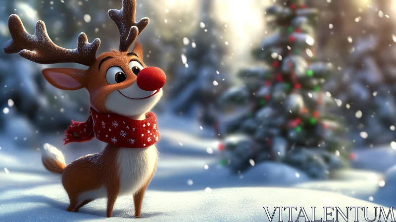 Cartoon reindeer with red nose in snowy bokeh forest scene