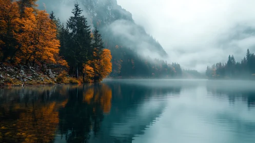 Misty alpine lake cradles quiet forests in autumn bloom