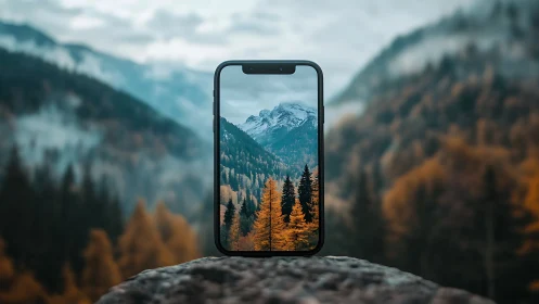 Smartphone frame isolates sharp alpine forest mountain view.
