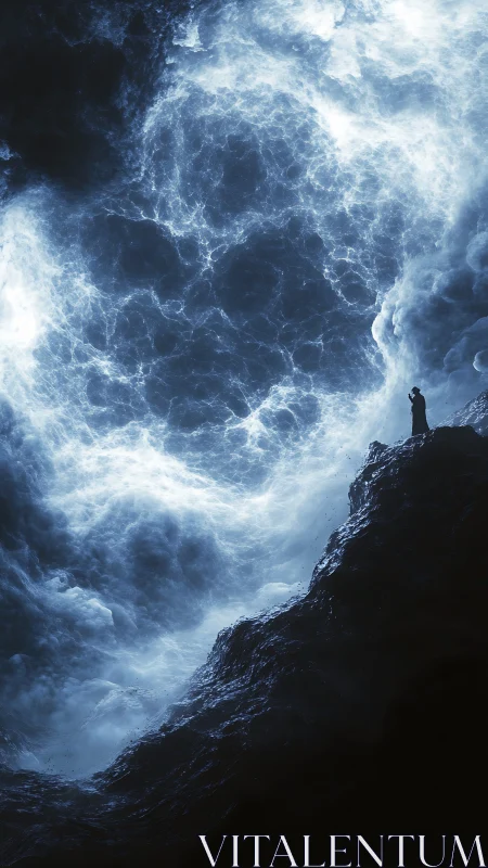 Solitary figure near turbulent illuminated cloud mass.