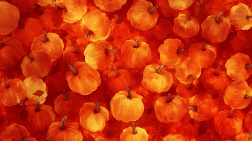 Dense digital pattern of orange pumpkins on red background.