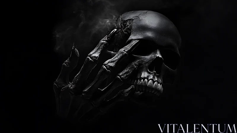 Shadowed skull and skeletal hand in haunting dark embrace.