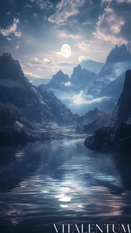 Full moon illuminates misty mountains and reflective lake