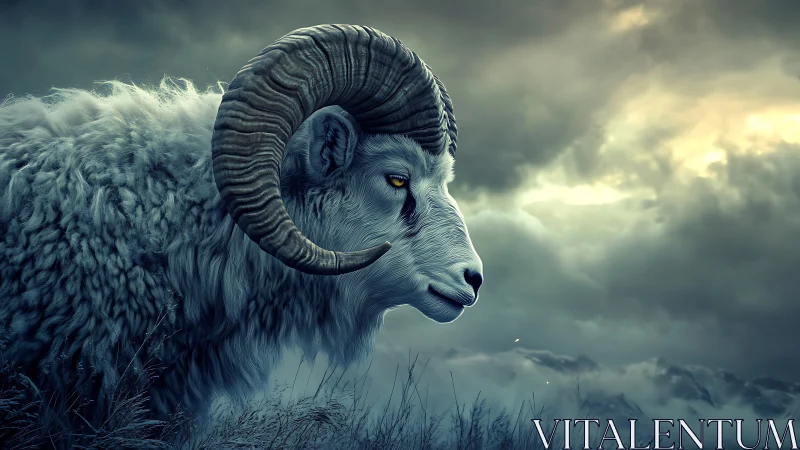 Majestic horned ram in stormlit alpine grassland profile