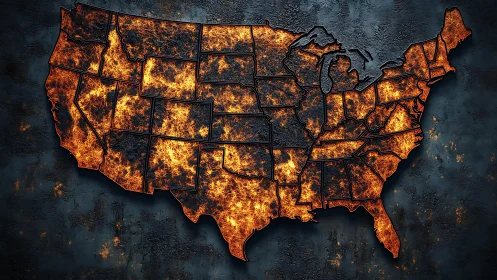 United States Map Ablaze with Molten Fire and Rust.