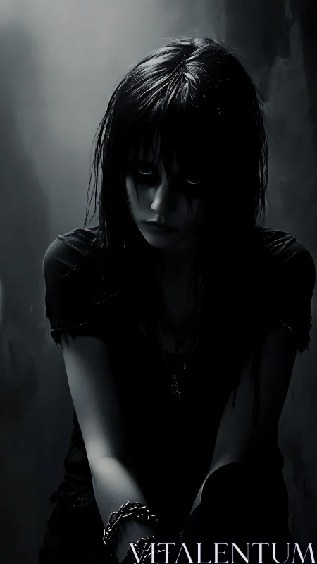 Midnight thoughts cling to a shadowed girl in grayscale gloom