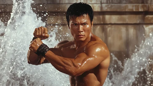 Water-splashed martial artist coiled in focused fury stance.