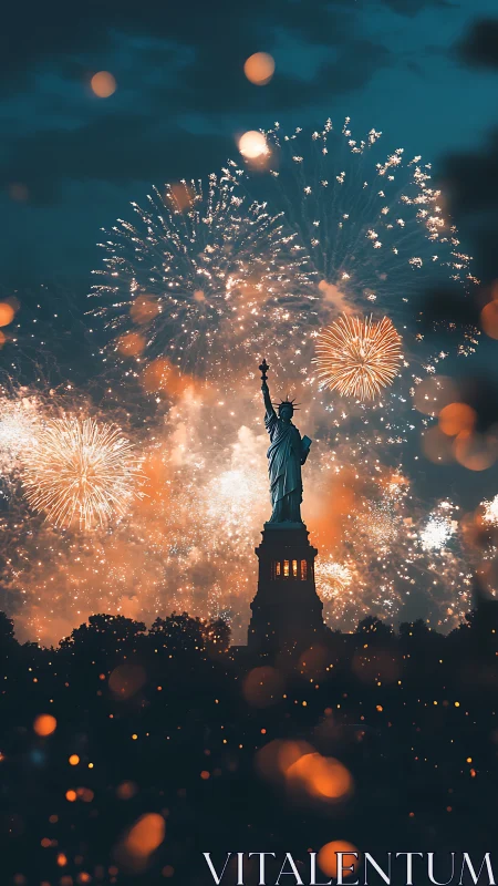 Fireworks embrace the Statue of Liberty in twilight glow.