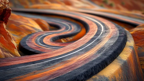 Sinuous stratified roadway curves through stylized canyon terrain