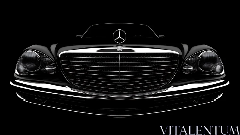 Luxury black coupe front grille gleams in dramatic darkness.