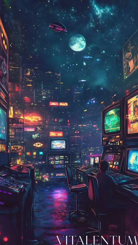 Cyberpunk control deck overlooking neon orbital megacity
