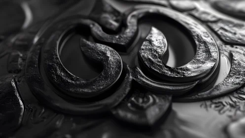 Close-up of Textured Black Metal Om Symbol in Modern 3D Style.
