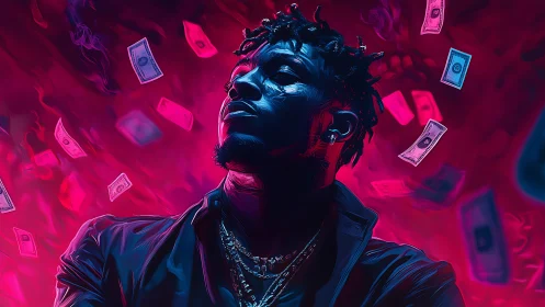 Moody neon portrait studies defiant figure under falling cash