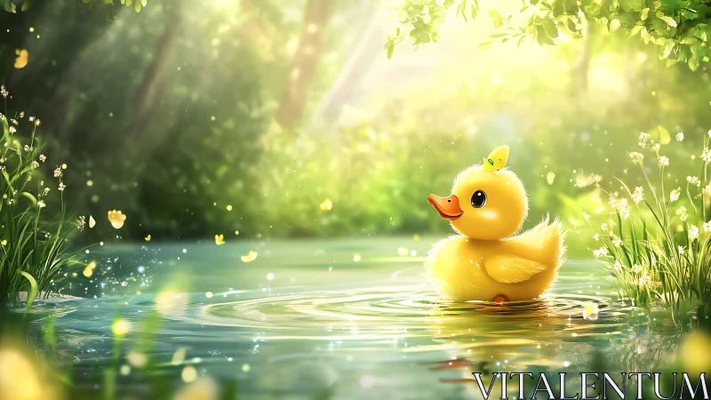 Fluffy duckling drifts through glowing forest pond light