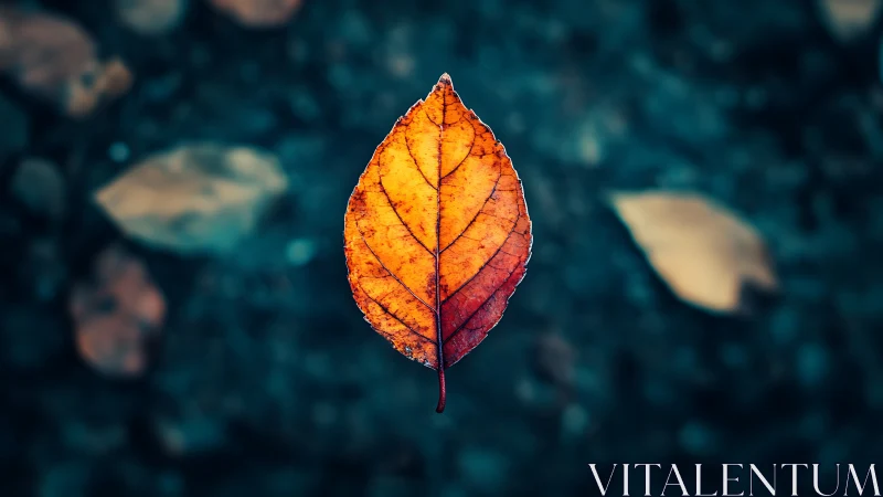 Single autumn leaf glows warmly against a cool blur