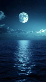 Full moon above open ocean with reflected light path.