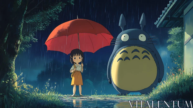 Nocturnal rainfall rendezvous of child and forest guardian.