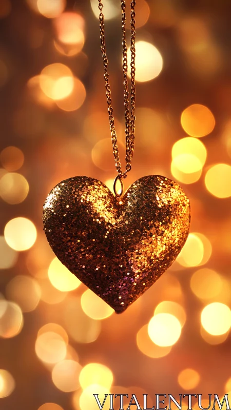 Golden glitter heart pendant glows in warm bokeh light.