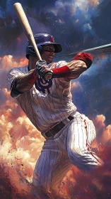 Powerful baseball swing framed in swirling painted sky.