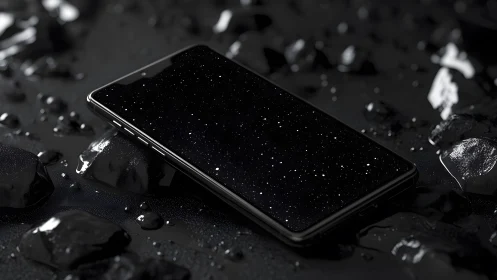 Modern smartphone with starry night reflection on wet black rocks.