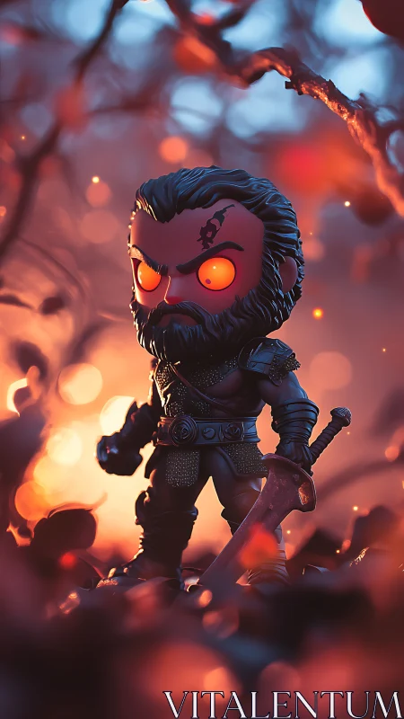 Glowing-eyed warrior figurine stands amid fiery fantasy bokeh