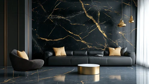 Modern living room shows black marble with gold veining
