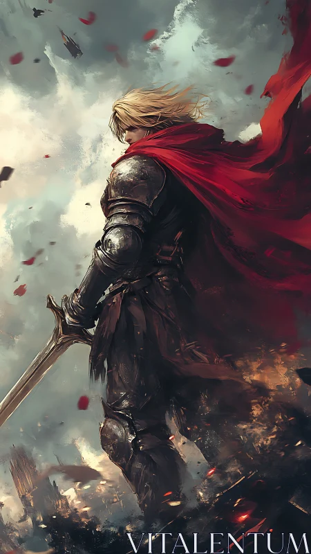 Stormlit knight stands strong with scarlet cloak billowing high