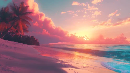 Neon-infused tropical shoreline renders a hyperreal sunset glow