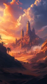 Sunlit desert citadel glowing beneath drifting clouds.