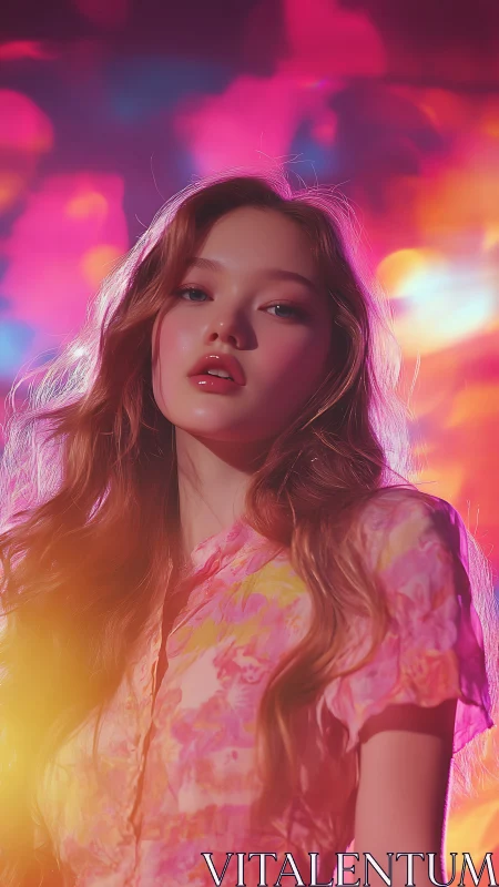 Woman with Wavy Hair in Neon Pink and Orange Lighting