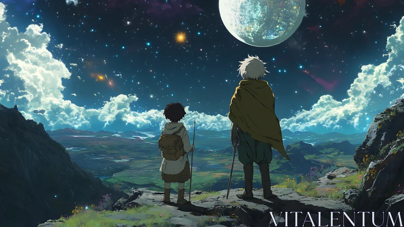 Two travelers study a luminous moon over vast fantasy valley