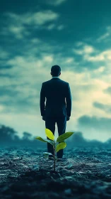 Businessman stands with plant emerging from ground beneath sky.